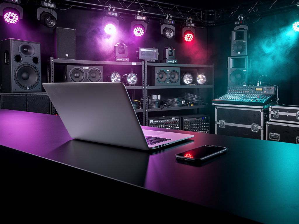 A service desk with a laptop and phone on a black counter in front of shelves of speakers and light fixtures, glowing in
