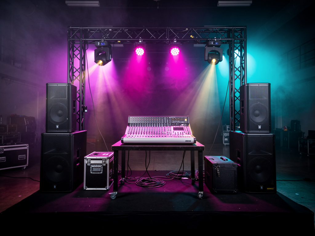Speakers, a mixing desk and effect lights arranged together on a black stage as one complete setup.