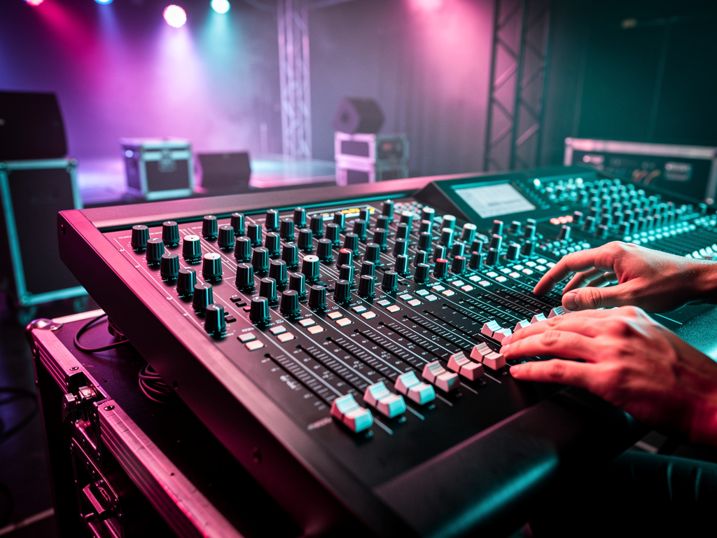A mixing desk close-up with faders and knobs glowing under pink and cyan light, an operator's hands softly out of focus.