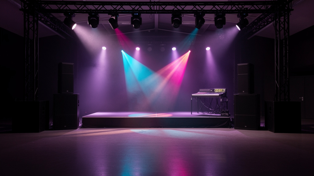 An empty dance floor under moving purple and pink beams with cyan accents cutting through light haze, speakers flanking