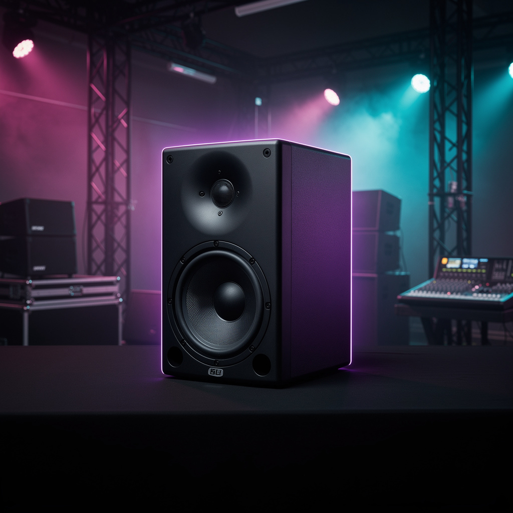 A single unbranded black speaker on a clean matte black surface, rim-lit with a purple and pink gradient.