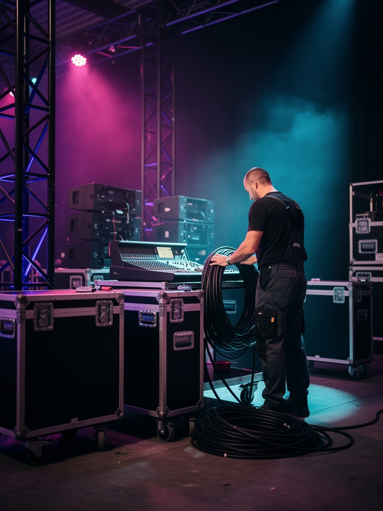 A technician seen from behind coiling cables beside rolling road cases in a dim warehouse lit by a neon purple glow.